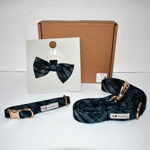 Max & Lou Leash, Collar & Bow Gift Set in Blue Tarten Size: SMALL #F21017CT NIB